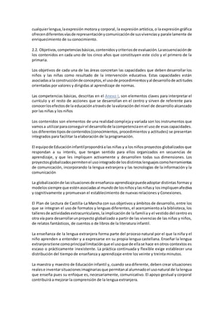 cualquierlengua,laexpresión motora y corporal, la expresión artística, o la expresión gráfica
ofrecendiferentesvíasde representaciónycomunicaciónde susvivenciasy paralelamente de
enriquecimiento de su conocimiento.
2.2. Objetivos,competenciasbásicas,contenidosycriteriosde evaluación.Lasecuenciaciónde
los contenidos en cada uno de los cinco años que constituyen este ciclo y el primero de la
primaria.
Los objetivos de cada una de las áreas concretan las capacidades que deben desarrollar los
niños y las niñas como resultado de la intervención educativa. Estas capacidades están
asociadasa la construcciónde conceptos,el usode procedimientosyal desarrollode actitudes
orientadas por valores y dirigidas al aprendizaje de normas.
Las competencias básicas, descritas en el Anexo I, son elementos claves para interpretar el
currículo y el resto de acciones que se desarrollan en el centro y sirven de referente para
conocerlosefectosde la educaciónatravésde lavaloración del nivel de desarrollo alcanzado
por las niñas y los niños
Los contenidos son elementos de una realidad compleja y variada son los instrumentos que
vamosa utilizarparaconseguirel desarrollode lacompetenciaen el uso de esas capacidades.
Los diferentestiposde contenidos(conocimientos, procedimientos y actitudes) se presentan
integrados para facilitar la elaboración de la programación.
El equipode Educacióninfantilpropondráa las niñas y a los niños proyectos globalizados que
respondan a su interés, que tengan sentido para ellos organizados en secuencias de
aprendizaje, y que les impliquen activamente y desarrollen todas sus dimensiones. Los
proyectosglobalizadospermitenel usointegradode losdistintoslenguajescomoherramientas
de comunicación, incorporando la lengua extranjera y las tecnologías de la información y la
comunicación
La globalizaciónde lassituacionesde enseñanza-aprendizajepuedeadoptar distintas formas y
modelossiempre que esténasociadasal mundo de losniñosylasniñasy losimpliquenafectiva
y cognitivamente y promuevan el establecimiento de nuevas relaciones y Conexiones.
El Plan de Lectura de Castilla-La Mancha con sus objetivos y ámbitos de desarrollo, entre los
que se integran el uso de formatos y lenguas diferentes, el acercamiento a la biblioteca, los
talleresde actividadesextracurriculares,la implicación de la familia y el vestido del centro es
otra vía para desarrollarunproyecto globalizado a partir de las vivencias de las niñas y niños,
de relatos fantásticos, de cuentos o de libros de la literatura infantil.
La enseñanza de la lengua extranjera forma parte del proceso natural por el que la niña y el
niño aprenden a entender y a expresarse en su propia lengua castellana. Enseñar la lengua
extranjeratiene comoprincipallimitaciónque el usoque de ellase hace en otros contextos es
escaso o prácticamente inexistente. La práctica continuada y flexible exige establecer una
distribución del tiempo de enseñanza y aprendizaje entre los veinte y treinta minutos.
La maestra y maestro de Educación infantil y, cuando sea diferente, deben crear situaciones
realese inventarsituacionesimaginariasque permitanal alumnadoel usonatural de la lengua
que enseña pues su enfoque es, necesariamente, comunicativo. El apoyo gestual y corporal
contribuirá a mejorar la comprensión de la lengua extranjera.
 