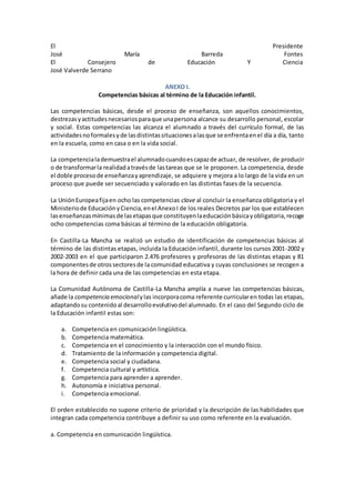 El Presidente
José María Barreda Fontes
El Consejero de Educación Y Ciencia
José Valverde Serrano
ANEXO I.
Competencias básicas al término de la Educación infantil.
Las competencias básicas, desde el proceso de enseñanza, son aquellos conocimientos,
destrezasyactitudesnecesariosparaque unapersona alcance su desarrollo personal, escolar
y social. Estas competencias las alcanza el alumnado a través del currículo formal, de las
actividadesnoformalesyde lasdistintassituacionesalasque se enfrentaenel día a día, tanto
en la escuela, como en casa o en la vida social.
La competencialademuestrael alumnadocuandoescapazde actuar, de resolver, de producir
o de transformarla realidadatravésde lastareas que se le proponen. La competencia, desde
el doble procesode enseñanzayaprendizaje, se adquiere y mejora a lo largo de la vida en un
proceso que puede ser secuenciado y valorado en las distintas fases de la secuencia.
La UniónEuropeafijaen ocho las competencias clave al concluir la enseñanza obligatoria y el
Ministeriode EducaciónyCiencia,enel AnexoI de los reales Decretos par los que establecen
lasenseñanzasmínimasde lasetapasque constituyenlaeducaciónbásicayobligatoria,recoge
ocho competencias coma básicas al término de la educación obligatoria.
En Castilla-La Mancha se realizó un estudio de identificación de competencias básicas al
término de las distintas etapas, incluida la Educación infantil, durante los cursos 2001-2002 y
2002-2003 en el que participaron 2.476 profesores y profesoras de las distintas etapas y 81
componentesde otrossectoresde la comunidad educativa y cuyas conclusiones se recogen a
la hora de definir cada una de las competencias en esta etapa.
La Comunidad Autónoma de Castilla-La Mancha amplía a nueve las competencias básicas,
añade la competencia emocionalylas incorporacoma referente curricularen todas las etapas,
adaptandosu contenidoal desarrolloevolutivodel alumnado. En el caso del Segundo ciclo de
la Educación infantil estas son:
a. Competencia en comunicación lingüística.
b. Competencia matemática.
c. Competencia en el conocimiento y la interacción con el mundo físico.
d. Tratamiento de la información y competencia digital.
e. Competencia social y ciudadana.
f. Competencia cultural y artística.
g. Competencia para aprender a aprender.
h. Autonomía e iniciativa personal.
i. Competencia emocional.
El orden establecido no supone criterio de prioridad y la descripción de las habilidades que
integran cada competencia contribuye a definir su uso como referente en la evaluación.
a. Competencia en comunicación lingüística.
 