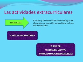 Las actividades extracurriculares
Facilitar y favorecer el desarrollo integral del
alumnado, su inserción sociocultural y el uso
del tiempo libre.
 