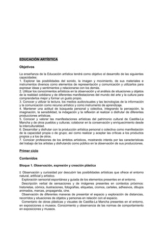 EDUCACIÓN ARTÍSTICA
Objetivos
La enseñanza de la Educación artística tendrá como objetivo el desarrollo de las siguientes
capacidades:
1. Explorar las posibilidades del sonido, la imagen y movimiento, de sus materiales e
instrumentos diversos como elementos de representación y comunicación y utilizarlos para
expresar ideas y sentimientos y relacionarse con los demás.
2. Utilizar los conocimientos artísticos en la observación y el análisis de situaciones y objetos
de la realidad cotidiana y de diferentes manifestaciones del mundo del arte y la cultura para
comprenderlos mejor y formar un gusto propio.
3. Conocer y utilizar la lectura, los medios audiovisuales y las tecnologías de la información
y la comunicación como recurso artístico y como instrumento de aprendizaje.
4. Mantener una actitud de búsqueda personal y colectiva, integrando la percepción, la
imaginación, la sensibilidad, la indagación y la reflexión al realizar o disfrutar de diferentes
producciones artísticas.
5. Conocer y valorar las manifestaciones artísticas del patrimonio cultural de Castilla-La
Mancha y de otros pueblos y culturas; colaborar en la conservación y enriquecimiento desde
la interculturalidad.
6. Desarrollar y disfrutar con la producción artística personal o colectiva como manifestación
de la capacidad propia o de grupo; así como realizar y aceptar las críticas a los productos
propios y a los de otros.
7. Conocer profesiones de los ámbitos artísticos, mostrando interés por las características
del trabajo de los artistas y disfrutando como público en la observación de sus producciones.

Primer ciclo
Contenidos
Bloque 1. Observación, expresión y creación plástica
􀁊Observación y curiosidad por descubrir las posibilidades artísticas que ofrece el entorno
natural, artificial y artístico.
Exploración sensorial espontánea y guiada de los elementos presentes en el entorno.
Descripción verbal de sensaciones y de imágenes presentes en contextos próximos:
historietas, cómics, ilustraciones, fotografías, etiquetas, cromos, carteles, adhesivos, dibujos
animados, marcas, propaganda, cine.
Observación de diferentes maneras de presentar el espacio y exploración de distancias,
recorridos y situaciones de objetos y personas en relación con el espacio.
Comentario de obras plásticas y visuales de Castilla-La Mancha presentes en el entorno,
en exposiciones o museos. Conocimiento y observancia de las normas de comportamiento
en exposiciones y museos.

 