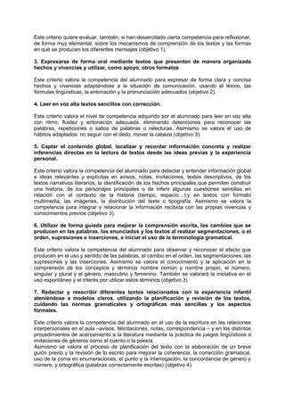 Este criterio quiere evaluar, también, si han desarrollado cierta competencia para reflexionar,
de forma muy elemental, sobre los mecanismos de comprensión de los textos y las formas
en que se producen los diferentes mensajes (objetivo 1).
3. Expresarse de forma oral mediante textos que presenten de manera organizada
hechos y vivencias y utilizar, como apoyo, otros formatos
Este criterio valora la competencia del alumnado para expresar de forma clara y concisa
hechos y vivencias adaptándose a la situación de comunicación, usando el léxico, las
fórmulas lingüísticas, la entonación y la pronunciación adecuados (objetivo 2).
4. Leer en voz alta textos sencillos con corrección.
Este criterio valora el nivel de competencia adquirido por el alumnado para leer en voz alta
con ritmo, fluidez y entonación adecuada, eliminando detenciones para reconocer las
palabras, repeticiones o saltos de palabras o relecturas. Asimismo se valora el uso de
hábitos adaptados: no seguir con el dedo, mover la cabeza (objetivo 3).
5. Captar el contenido global, localizar y recordar información concreta y realizar
inferencias directas en la lectura de textos desde las ideas previas y la experiencia
personal.
Este criterio valora la competencia del alumnado para detectar y entender información global
e ideas relevantes y explícitas en avisos, notas, invitaciones, textos descriptivos, de los
textos narrativos literarios, la identificación de los hechos principales que permiten construir
una historia, de los personajes principales o de inferir algunas cuestiones sencillas en
relación con el contexto de la historia (tiempo, espacio…);y en textos con formato
multimedia, las imágenes, la distribución del texto o tipografía. Asimismo se valora la
competencia para integrar y relacionar la información recibida con las propias vivencias y
conocimientos previos (objetivo 3).
6. Utilizar de forma guiada para mejorar la comprensión escrita, los cambios que se
producen en las palabras, los enunciados y los textos al realizar segmentaciones, o el
orden, supresiones e inserciones, e iniciar el uso de la terminología gramatical.
Este criterio valora la competencia del alumnado para observar y reconocer el efecto que
producen en el uso y sentido de las palabras, el cambio en el orden, las segmentaciones, las
supresiones y las inserciones. Asimismo se valora el conocimiento y la aplicación en la
comprensión de los conceptos y términos nombre común y nombre propio, el número,
singular y plural y el género, masculino y femenino. También se valorará la iniciativa en el
uso espontáneo y el interés por utilizar estos términos (objetivo 3)
7. Redactar y reescribir diferentes textos relacionados con la experiencia infantil
ateniéndose a modelos claros, utilizando la planificación y revisión de los textos,
cuidando las normas gramaticales y ortográficas más sencillas y los aspectos
formales.
Este criterio valora la competencia del alumnado en el uso de la escritura en las relaciones
interpersonales en el aula –avisos, felicitaciones, notas, correspondencia – y en los distintos
procedimientos de acercamiento a la literatura mediante la práctica de juegos lingüísticos o
imitaciones de géneros como el cuento o la poesía.
Asimismo se valora el proceso de planificación del texto con la elaboración de un breve
guión previo y la revisión de lo escrito para mejorar la coherencia, la corrección gramatical,
uso de la coma en enumeraciones, el punto y la interrogación, la concordancia de género y
número, y ortográfica (palabras correctamente escritas) (objetivo 4).

 