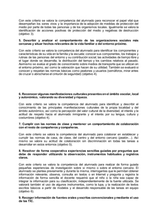Con este criterio se valora la competencia del alumnado para reconocer el papel vital que
desempeñan los seres vivos y la importancia de la adopción de medidas de protección del
medio por parte de todas las personas y de los organismos locales. Igualmente se valora la
identificación de acciones positivas de protección del medio y negativas de destrucción
(objetivo 3).
5. Describir y analizar el comportamiento de las organizaciones sociales más
cercanas y situar hechos relevantes de la vida familiar o del entorno próximo.
Con este criterio se valora la competencia del alumnado para identificar los componentes y
características de su vida en la familia y la escuela: conocer sus componentes, los trabajos y
rutinas de las personas del entorno y su contribución social; las actividades de tiempo libre y
el lugar donde se desarrolla; la distribución del tiempo y los cambios relativos al pasado.
Asimismo se evalúa el grado de conocimiento sobre medios de transporte que se utilizan en
el entorno próximo, así como la valoración que hacen de su utilidad. También se evaluará si
conocen y respetan las normas básicas como peatones y usuarios (semáforos, mirar antes
de cruzar o abrocharse el cinturón de seguridad) (objetivo 4).
6. Reconocer algunas manifestaciones culturales presentes en el ámbito escolar, local
y autonómico, valorando su diversidad y riqueza.
Con este criterio se valora la competencia del alumnado para identificar y describir el
conocimiento de las principales manifestaciones culturales de la propia localidad y del
ámbito autonómico, así como la percepción del valor cultural de la diversidad, el interés y la
actitud de respeto hacia el alumnado inmigrante y el interés por su lengua, cultura y
costumbres (objetivo 4).
7. Cumplir con las normas de clase y mantener un comportamiento de colaboración
con el resto de compañeros y compañeras.
Con este criterio se valora la competencia del alumnado para colaborar en establecer y
cumplir las normas de casa, de clase, del centro y del entorno cercano (peatón…). Así
mismo se valora su actitud de colaboración sin discriminación en todas las tareas a
desarrollar en estos entornos (objetivo 5).
8. Resolver de forma cooperativa experiencias sencillas guiadas por preguntas que
debe de responder utilizando la observación, instrumentos habituales y registros
claros.
Con este criterio se valora la competencia del alumnado para realizar de forma guiada
pequeñas experiencias de investigación sobre si mismo o sobre el entorno cercano. El
alumnado se plantea previamente y durante la misma, interrogantes que le permitan obtener
información relevante; observa, consulta en textos o en Internet y pregunta y registra la
información de forma sencilla el docente requerirá que el niño o la niña sea capaz de
integrar la información para su clasificación, independientemente de la fuente utilizada. Se
valorará también el uso de algunos instrumentos, como la lupa, y la realización de textos
escritos básicos a partir de modelos y el desarrollo responsable de las tareas en equipo
(objetivo 6).
9. Recoger información de fuentes orales y escritas convencionales y mediante el uso
de las TIC.
 