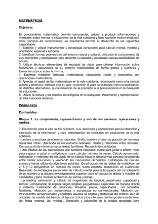 MATEMÁTICAS
Objetivos
El conocimiento matemático permite comprender, valorar y producir informaciones y
mensajes sobre hechos y situaciones de la vida cotidiana y tiene carácter instrumental para
otros campos de conocimiento, su enseñanza permite el desarrollo de las siguientes
capacidades:
1. Elaborar y utilizar instrumentos y estrategias personales para cálculo mental, medida y
orientación espacial y temporal.
2. Identificar formas geométricas del entorno natural y cultural, utilizando el conocimiento de
sus elementos y propiedades para describir la realidad y desarrollar nuevas posibilidades de
acción.
3. Utilizar técnicas elementales de recogida de datos para obtener información sobre
fenómenos y situaciones de su entorno; representarla de forma gráfica y numérica y
formarse un juicio sobre la misma.
4. Expresar mediante fórmulas matemáticas situaciones reales y resolverlas con
operaciones matemáticas.
5. Apreciar el papel de las matemáticas en la vida cotidiana, reconocerla como una ciencia
abierta y dinámica; disfrutar con su uso; reconocer el valor de actitudes como la exploración
de distintas alternativas, la conveniencia de la precisión o la perseverancia en la búsqueda
de soluciones.
6. Utilizar la lectura y los medios tecnológicos en la búsqueda, tratamiento y representación
de informaciones diversas.
Primer ciclo
Contenidos
Bloque 1. La comprensión, representación y uso de los números: operaciones y
medida.
Disposición para el uso de los números, sus relaciones y operaciones para la obtención y
expresión de la información y para interpretación de mensajes en situaciones de la vida
cotidiana.
Lectura y escritura de números naturales. Grafía, nombre y valor de posición de números
hasta tres cifras. Utilización de los números ordinales. Orden y relaciones entre números.
Comparación de números en contextos familiares. Recuento de cantidades.
Uso intuitivo de las operaciones con números naturales: suma para juntar o añadir; resta
para separar o quitar y multiplicación para calcular número de veces. Cálculo aproximado:
estimación y redondeo del resultado de un cálculo hasta la decena más cercana escogiendo
entre varias soluciones y valorando las respuestas razonables. Estrategias de cálculo:
sumas y restas utilizando algoritmos estándar. Construcción de las tablas de multiplicar del
2, 5 y 10 apoyándose en número de veces, suma repetida, disposición en cuadrícula.
Desarrollo de estrategias personales de cálculo mental para la búsqueda del complemento
de un número a la decena inmediatamente superior, para el cálculo de dobles y mitades de
cantidades y para resolver problemas de sumas y restas.
La medida: estimación y cálculo de magnitudes de longitud, peso/masa, capacidad y
tiempo. Comparación de objetos según longitud, peso/masa o capacidad, de manera directa
o indirecta. Estimación de distancias, tamaños, pesos, capacidades.... en contextos
familiares. Medición con instrumentos y estrategias no convencionales; Medición con
instrumentos convencionales y unidades usuales de objetos y distancias del entorno. Uso de
unidades de medida del tiempo: el tiempo cíclico y los intervalos de tiempo (lectura del reloj,
las horas enteras, las medias). Selección y utilización de la unidad apropiada para
 