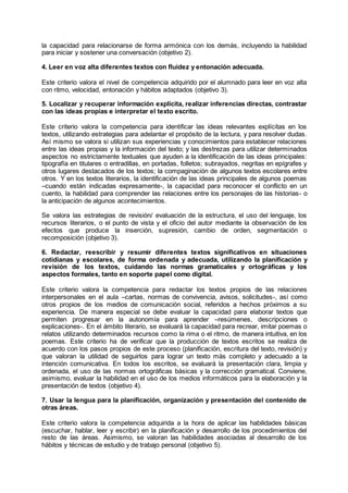 la capacidad para relacionarse de forma armónica con los demás, incluyendo la habilidad
para iniciar y sostener una conversación (objetivo 2).
4. Leer en voz alta diferentes textos con fluidez y entonación adecuada.
Este criterio valora el nivel de competencia adquirido por el alumnado para leer en voz alta
con ritmo, velocidad, entonación y hábitos adaptados (objetivo 3).
5. Localizar y recuperar información explícita, realizar inferencias directas, contrastar
con las ideas propias e interpretar el texto escrito.
Este criterio valora la competencia para identificar las ideas relevantes explícitas en los
textos, utilizando estrategias para adelantar el propósito de la lectura, y para resolver dudas.
Así mismo se valora si utilizan sus experiencias y conocimientos para establecer relaciones
entre las ideas propias y la información del texto; y las destrezas para utilizar determinados
aspectos no estrictamente textuales que ayuden a la identificación de las ideas principales:
tipografía en titulares o entradillas, en portadas, folletos; subrayados, negritas en epígrafes y
otros lugares destacados de los textos; la compaginación de algunos textos escolares entre
otros. Y en los textos literarios, la identificación de las ideas principales de algunos poemas
–cuando están indicadas expresamente-, la capacidad para reconocer el conflicto en un
cuento, la habilidad para comprender las relaciones entre los personajes de las historias- o
la anticipación de algunos acontecimientos.
Se valora las estrategias de revisión/ evaluación de la estructura, el uso del lenguaje, los
recursos literarios, o el punto de vista y el oficio del autor mediante la observación de los
efectos que produce la inserción, supresión, cambio de orden, segmentación o
recomposición (objetivo 3).
6. Redactar, reescribir y resumir diferentes textos significativos en situaciones
cotidianas y escolares, de forma ordenada y adecuada, utilizando la planificación y
revisión de los textos, cuidando las normas gramaticales y ortográficas y los
aspectos formales, tanto en soporte papel como digital.
Este criterio valora la competencia para redactar los textos propios de las relaciones
interpersonales en el aula –cartas, normas de convivencia, avisos, solicitudes-, así como
otros propios de los medios de comunicación social, referidos a hechos próximos a su
experiencia. De manera especial se debe evaluar la capacidad para elaborar textos que
permiten progresar en la autonomía para aprender –resúmenes, descripciones o
explicaciones-. En el ámbito literario, se evaluará la capacidad para recrear, imitar poemas o
relatos utilizando determinados recursos como la rima o el ritmo, de manera intuitiva, en los
poemas. Este criterio ha de verificar que la producción de textos escritos se realiza de
acuerdo con los pasos propios de este proceso (planificación, escritura del texto, revisión) y
que valoran la utilidad de seguirlos para lograr un texto más completo y adecuado a la
intención comunicativa. En todos los escritos, se evaluará la presentación clara, limpia y
ordenada, el uso de las normas ortográficas básicas y la corrección gramatical. Conviene,
asimismo, evaluar la habilidad en el uso de los medios informáticos para la elaboración y la
presentación de textos (objetivo 4).
7. Usar la lengua para la planificación, organización y presentación del contenido de
otras áreas.
Este criterio valora la competencia adquirida a la hora de aplicar las habilidades básicas
(escuchar, hablar, leer y escribir) en la planificación y desarrollo de los procedimientos del
resto de las áreas. Asimismo, se valoran las habilidades asociadas al desarrollo de los
hábitos y técnicas de estudio y de trabajo personal (objetivo 5).
 