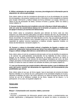 8. Utilizar estrategias de aprendizaje, recursos y tecnologías de la información para la
adquisición de nuevos aprendizajes.
Este criterio valora el nivel de competencia alcanzado en el uso de estrategias de consulta
de enciclopedias y diccionarios (soporte escrito o informático) o de la navegación en Internet
para recoger información y realizar trabajos de forma individual o en equipo. Asimismo se
valora el uso de procesador de textos: nombrar el fichero y guardar, definir los estilos y
revisar (objetivo 6)
9. Conocer textos literarios de la tradición oral y de la literatura infantil adecuados al
ciclo así como las características básicas de la narración y la poesía, con la finalidad
de apoyar la lectura y la escritura de dichos textos.
Este criterio valora la competencia adquirida para disfrutar de forma cada vez más
autónoma con textos literarios adecuados a la edad e intereses del ciclo, de comprender el
sentido de éstos gracias a la interpretación de algunas convenciones específicas, como los
temas recurrentes, los elementos del relato literario y la rima. Hay que evaluar igualmente la
actitud positiva hacia la lectura como actividad propia de la vida cotidiana. Se valorará la
capacidad de explorar recursos expresivos y creativos simples, siguiendo modelos, en
tareas de dramatización, recreación (objetivo 7).
10. Conocer y valorar la diversidad cultural y lingüística de España y mostrar una
actitud de colaboración hacia personas que tienen una cultura diferente y hablan otra
lengua o utilizan códigos alternativos o aumentativos de comunicación.
Este criterio valora el nivel de competencia del alumnado a la hora de identificar la existencia
y de apreciar las particularidades socioculturales de los hablantes de otras culturas y
lenguas en las distintas Comunidades Autónomas de España. Asimismo se valora la
identificación en el entorno más cercano de otras lenguas extranjeras así como, de otros
códigos asociados a la discapacidad psíquica y sensorial y de variaciones sociolingüísticas y
locales. En todos los casos se valoran sus actitudes de interés y de respeto (objetivo 8).
11. Leer con frecuencia y por propia iniciativa diferentes textos y usar la biblioteca del
aula y del centro, conocer los mecanismos de organización y de funcionamiento y las
posibilidades que ofrece.
Este criterio valora el uso que, de forma regular, hace el alumnado de la lectura de textos
literarios infantiles en su tiempo de ocio, participando en las actividades dirigidas en el aula y
utilizando la biblioteca de aula o del centro Asimismo se valora el respeto que hace de las
normas de uso de la biblioteca (cuidado de los libros, respeto de los plazos...) y la
participación, en su caso, en la gestión (objetivo 9).
Tercer ciclo
Contenidos
Bloque 1. Comunicación oral: escuchar, hablar y conversar

Escuchar
Escucha y comprensión de información general sobre hechos y acontecimientos que
resulten significativos y distinguiendo información de opinión de noticia, la entrevista, el
 