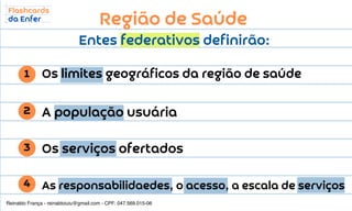 Região de Saúde
Entes federativos definirão:
Os limites geográficos da região de saúde
1
A população usuária
2
Os serviços ofertados
3
As responsabilidaedes, o acesso, a escala de serviços
4
Reinaldo França - reinaldoiuiu@gmail.com - CPF: 047.569.015-06
 