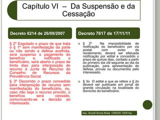 Capítulo VI – Da Suspensão e da
                    Cessação

Decreto 6214 de 26/09/2007                Decreto 7617 de 17/11/11

§ 2º Esgotado o prazo de que trata           § 2º        Na impossibilidade de
o § 1º sem manifestação da parte              notificação do beneficiário por via
ou não sendo a defesa acolhida,               postal       com        aviso        de
será suspenso o pagamento do                  recebimento, deverá ser efetuada
                                              notificação por edital e concedido o
benefício      e,      notificado    o        prazo de quinze dias, contado a partir
beneficiário, será aberto o prazo de          do primeiro dia útil seguinte ao dia da
trinta dias para interposição de              publicação, para apresentação de
recurso à Junta de Recurso do                 defesa, provas ou documentos pelo
Conselho       de     Recursos      da        interessado.
Previdência Social.
§ 3º Decorrido o prazo concedido             § 3o O edital a que se refere o § 2o
para interposição de recurso sem              deverá ser publicado em jornal de
manifestação do beneficiário, ou,             grande circulação na localidade do
caso não seja o recurso provido, o            domicílio do beneficiário.
benefício         será         cessado,
comunicando-se a decisão ao
interessado.

                                              Ass. Social Sonia Alves CRESS 12051sp
 