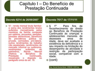 Capítulo I – Do Benefício de
                Prestação Continuada

Decreto 6214 de 26/09/2007              Decreto 7617 de 17/11/11

   VI - renda mensal bruta familiar:      § 1º        Para fins de
    a soma dos rendimentos brutos           reconhecimento do direito
    auferidos mensalmente pelos             ao Benefício de Prestação
    membros da família composta
    por salários, proventos, pensões,       Continuada às crianças e
    pensões alimentícias, benefícios        adolescentes menores de
    de previdência pública ou               dezesseis      anos        de
    privada, comissões, pró-labore,         idade, deve ser avaliada a
    outros rendimentos do trabalho          existência da deficiência e o
    não assalariado, rendimentos do
    mercado informal ou autônomo,           seu impacto na limitação do
    rendimentos       auferidos   do        desempenho de atividade e
    patrimônio,     Renda      Mensal       restrição da participação
    Vitalícia   e     Benefício   de        social, compatível com a
    Prestação             Continuada,       idade.
    ressalvado     o    disposto  no
    parágrafo único do art. 19.            (cont)

                                            Ass. Social Sonia Alves CRESS 12051sp
 