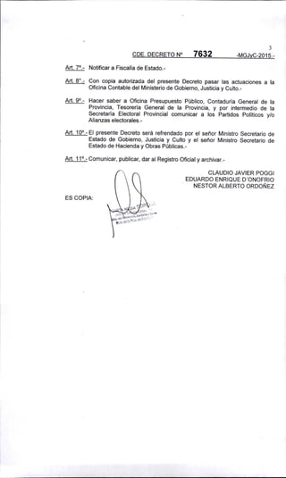 "'
CDE. DECRETO N°
Art. 7°._ Notificar a Fiscalia de Estado.-
7632
3
-MGJyC-2015.-
Art. 8°._ Con copia autorizada del presente Decreto pasar las actuaciones a la
Oficina Contable del Ministerio de Gobierno, Justicia y Culto.-
Art.9°.- Hacer saber a Oficina Presupuesto" Público, Contaduría General de la
Provincia, Tesoreria General de la Provincia, y por intermedio de la
Secretaria Electoral Provincial comunicar a los Partidos Politicos y/o
Alianzas electorales.-
Art. 10°.- El presente Decreto será refrendado por el señor Ministro Secretario de
Estado de Gobierno, Justicia y Culto y el señor Ministro Secretario de
Estado de Hacienda y Obras Públicas.-
Art. 11°._Comunicar, publicar, dar al Registro Oficial y archivar.-
ES COPIA:
CLAUDIO JAVIER POGGI
EDUARDO ENRIQUE D'ONOFRIO
NESTOR ALBERTO ORDOÑEZ
 