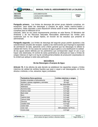 MANUAL PARA EL ASEGURAMIENTO DE LA CALIDAD
SECCIÓN: DOCUMENTACIÓN
MÓDULO: LEGISLACIÓN AMBIENTAL
CATEGORÍA: DECRETOS
CÓDIGO:
D-883
Parágrafo primero. Los límites de descarga del primer grupo deberán cumplirse, sin
excepción, para todas las descargas a cuerpos de agua, medio marino-costero y
submarino, redes cloacales y para disposición directa sobre el suelo. Asimismo, deberán
cumplirse para la infiltración en el
subsuelo, salvo en los casos expresamente previstos en esta Norma. El Ministerio del
Ambiente y de los Recursos Naturales Renovables determinará los límites para
sustancias que no los tengan fijados, en función de los estudios que presente el
administrado.
Parágrafo segundo. Los límites de descarga del segundo grupo podrán ajustarse a las
características actuales del receptor, sujetas a las restricciones que imponga la capacidad
de asimilación de éste, aplicando como criterio general que las descargas no alteren la
calidad del mismo. En los casos de cuerpos de agua sujetos a una clasificación la calidad
de las aguas estará definida por los parámetros que correspondan según el uso a que
hayan sido destinadas. El control de estos parámetros se efectuará en base a límites de
cargas másicas en kg/d o en kg de constituyente/unidades de producción (expresadas en
la unidad que aplique a cada caso particular).
SECCIÓN III.
De las Descargas a Cuerpos de Agua
Artículo 10. A los efectos de este decreto se establecen los siguientes rangos y límites
máximos de calidad de vertidos líquidos que sean o vayan a ser descargados, en forma
directa o indirecta, a ríos, estuarios, lagos y embalses:
Parámetros físico-químicos Límites máximos o rangos
Aceites minerales e hidrocarburos 20 mg/l
Aceites y grasas vegetales y animales 20 mg/l
Alkil mercurio No detectable (*)
Aldehidos 2,0 mg/l
Aluminio total. 5,0 mg/l
Arsénico total 0,5 mg/l
Bario total 5,0 mg/l
Boro 5,0 mg/l
Cadmio total 0,2 mg/l
Cianuro total 0,2 mg/l
Cloruros 1000 mg/l
Cobalto total 0,5 mg/l
Cobre total 1,0 mg/l
Color real 500 unidades de Pt-Co
Cromo total 2,0 mg/l
Decretos
BIOSFERA, C.A.
Normas para la clasificación y el control de la calidad
de los cuerpos de agua y vertidos o efluentes líquidos Página 14 de 14
 