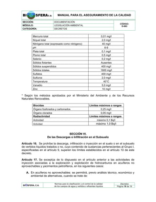 MANUAL PARA EL ASEGURAMIENTO DE LA CALIDAD
SECCIÓN: DOCUMENTACIÓN
MÓDULO: LEGISLACIÓN AMBIENTAL
CATEGORÍA: DECRETOS
CÓDIGO:
D-883
Mercurio total 0,01 mg/l
Níquel total 2,0 mg/l
Nitrógeno total (expresado como nitrógeno) 40 mg/l
pH 6-9
Plata total 0,1 mg/l
Plomo total 0,5 mg/l
Selenio 0,2 mg/l
Sólidos flotantes Ausentes
Sólidos suspendidos 400 mg/l
Sólidos totales 1600 mg/l
Sulfatos 400 mg/l
Sulfuros 2,0 mg/l
Temperatura 40°C
Vanadio 5,0 mg/l
Zinc 10 mg/l
* Según los métodos aprobados por el Ministerio del Ambiente y de los Recursos
Naturales Renovables.
Biocidas Límites máximos o rangos
Órgano fosforados y carbonados 0,25 mg/l
Órgano clorados 0,05 mg/l
Radiactividad Límites máximos o rangos
Actividad máximo 0,1 Bq/l
Actividad máximo 1,0 Bq/l
SECCIÓN VI.
De las Descargas o Infiltración en el Subsuelo
Artículo 16. Se prohíbe la descarga, infiltración o inyección en el suelo o en el subsuelo
de vertidos líquidos tratados o no, cuyo contenido de sustancias pertenecientes al Grupo l,
especificadas en el artículo 9, superen los límites establecidos en el artículo 10 de este
decreto.
Artículo 17. Se exceptúa de lo dispuesto en el artículo anterior a las actividades de
inyección asociadas a la exploración y explotación de hidrocarburos en acuíferos no
aprovechables y yacimientos petrolíferos, en los siguientes casos:
A. En acuíferos no aprovechables: se permitirá, previo análisis técnico, económico y
ambiental de alternativas, cuando se trate de:
Decretos
BIOSFERA, C.A.
Normas para la clasificación y el control de la calidad
de los cuerpos de agua y vertidos o efluentes líquidos Página 19 de 19
 