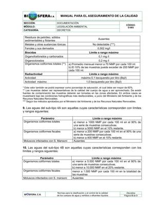 MANUAL PARA EL ASEGURAMIENTO DE LA CALIDAD
SECCIÓN: DOCUMENTACIÓN
MÓDULO: LEGISLACIÓN AMBIENTAL
CATEGORÍA: DECRETOS
CÓDIGO:
D-883
Residuos de petróleo, sólidos
sedimentables y flotantes
Ausentes
Metales y otras sustancias tóxicas No detectable (***)
Fenoles y sus derivados 0,002 mg/l
Biocidas Límite o rango máximo
Organofosforados y carbonados 0,1 mg /l
Organoclorados 0,2 mg /l
Organismos coliformes totales (**) a) Promedio mensual menor a 70 NMP por cada 100 ml.
b) El 10% de las muestras puede exceder de 200 NMP por
cada 100 ml.
Radiactividad Límite o rango máximo
Actividad máximo 0,1 becquerelio por litro (Bq/l)
Actividad máximo 1,0 becquerelio por litro (Bq/l)
* Este valor también se podrá expresar como porcentaje de saturación, el cual debe ser mayor de 60%.
** Las muestras deben ser representativas de la calidad del cuerpo de agua a ser aprovechado. De existir
fuentes de contaminación las muestras deberán ser tomadas en las zonas afectadas. En ambos casos se
muestreará bajo las condiciones hidrográficas más desfavorables, a juicio del Ministerio del Ambiente y de los
Recursos Naturales Renovables.
*** Según los métodos aprobados por el Ministerio del Ambiente y de los Recursos Naturales Renovables.
9. Las aguas del sub-tipo 4A son aquellas cuyas características corresponden con límites
y rangos siguientes:
Parámetro Límite o rango máximo
Organismos coliformes totales a) menor a 1000 NMP por cada 100 ml en el 90% de
una serie de muestras consecutivas.
b) menor a 5000 NMP en el 10% restante.
Organismos coliformes fecales a) menor a 200 NMP por cada 100 ml en el 90% de una
serie de muestras consecutivas.
b) menor a 400 NMP en el 10% restante.
Moluscos infectados con S. Mansoni Ausentes
10. Las aguas del sub-tipo 4B son aquellas cuyas características corresponden con los
límites y rangos siguientes:
Parámetro Límite o rango máximo
Organismos coliformes totales a) menor a 5.000 NMP por cada 100 ml en el 80% de
una serie de muestras consecutivas.
b) menor a 10.000 NMP en el 20% restante.
Organismos coliformes fecales menor a 1.000 NMP por cada 100 ml en la totalidad de
las muestras
Moluscos infectados con S. mansoni Ausentes
Decretos
BIOSFERA, C.A.
Normas para la clasificación y el control de la calidad
de los cuerpos de agua y vertidos o efluentes líquidos Página 8 de 8
 