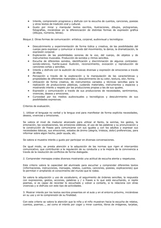 Interés, comprensión progresiva y disfrute con la escucha de cuentos, canciones, poesías
        y otros textos de tradición oral y cultural.
        Gusto por mirar y manipular textos escritos, ilustraciones, dibujos, pictogramas,
        fotografías, iniciándose en la diferenciación de distintas formas de expresión gráfica
        (dibujos, números, letras).

Bloque 2. Otras formas de comunicación: artística, corporal, audiovisual y tecnológica:


        Descubrimiento y experimentación de forma lúdica y creativa, de las posibilidades del
        cuerpo para expresar y comunicar a través del movimiento, la danza, la dramatización, la
        expresión corporal.
        Exploración de las posibilidades sonoras de la voz, del cuerpo, de objetos y de
        instrumentos musicales. Producción de sonidos y ritmos sencillos.
        Escucha de diferentes sonidos, identificación y discriminación de algunos contrastes:
        sonido-silencio, fuerte-suave Audición, reconocimiento, evocación y reproducción de
        canciones cortas y sencillas.
        Interés y disfrute con la audición de músicas diversas y expresión de emociones a través
        de ellas.
        Percepción a través de la exploración y la manipulación de las características y
        propiedades de diferentes materiales y descubrimiento de su color, textura, olor, forma.
        Utilización de forma creativa, de instrumentos variados y técnicas sencillas para la
        realización de producciones plásticas, cuidando materiales, instrumentos y espacios y
        mostrando interés y respeto por las producciones propias y las de sus iguales.
        Expresión y comunicación a través de sus producciones de necesidades, sentimientos,
        vivencias, deseos y emociones.
        Curiosidad por los medios audiovisuales y tecnológicos y descubrimiento de sus
        posibilidades expresivas.

Criterios de evaluación.

1. Utilizar el lenguaje no verbal y la lengua oral para manifestar de forma explícita necesidades,
deseos, vivencias y emociones.

Se valora el nivel de madurez alcanzado para utilizar el llanto, la sonrisa, los gestos, la
entonación, las vocalizaciones, las emisiones silábicas, el uso de las palabras y su pronunciación y
la construcción de frases para comunicarse con sus iguales y con los adultos y expresar sus
necesidades básicas, sus emociones, estados de ánimo (alegría, tristeza, dolor) preferencias, para
informar sobre algún hecho, pedir ayuda, etc.

Se valora si muestra interés y gusto por participar en diversas conversaciones.

De igual modo, se presta atención a la adquisición de las normas que rigen el intercambio
comunicativo, que contribuirán a la regulación de su conducta y a la mejora de la convivencia a
través de la resolución de conflictos de forma dialogada.

2. Comprender mensajes orales diversos mostrando una actitud de escucha atenta y respetuosa.

Este criterio valora la capacidad del alumnado para escuchar y comprender diferentes textos
(informaciones, instrucciones, mensajes, relatos, cuentos, canciones, poesías, explicaciones) que
le permitan ir ampliando el conocimiento del mundo que le rodea.

Se valora la adquisición y uso de vocabulario, el seguimiento de órdenes sencillas, la respuesta
con expresiones, gestos, acciones, palabras y / o frases a lo que está escuchando, si repite
poemas, si es capaz de recordar lo escuchado y volver a contarlo, si lo relaciona con otras
vivencias y si disfruta con este tipo de actividades.

3. Mostrar interés por los textos escritos presentes en el aula y en el entorno próximo, iniciándose
en su uso y en la comprensión de su finalidad.

Con este criterio se valora la atención que la niña y el niño muestran hacia la escucha de relatos,
cuentos, poemas..., así como el interés por coger y mirar cuentos, libros de imágenes, tarjetas,
 