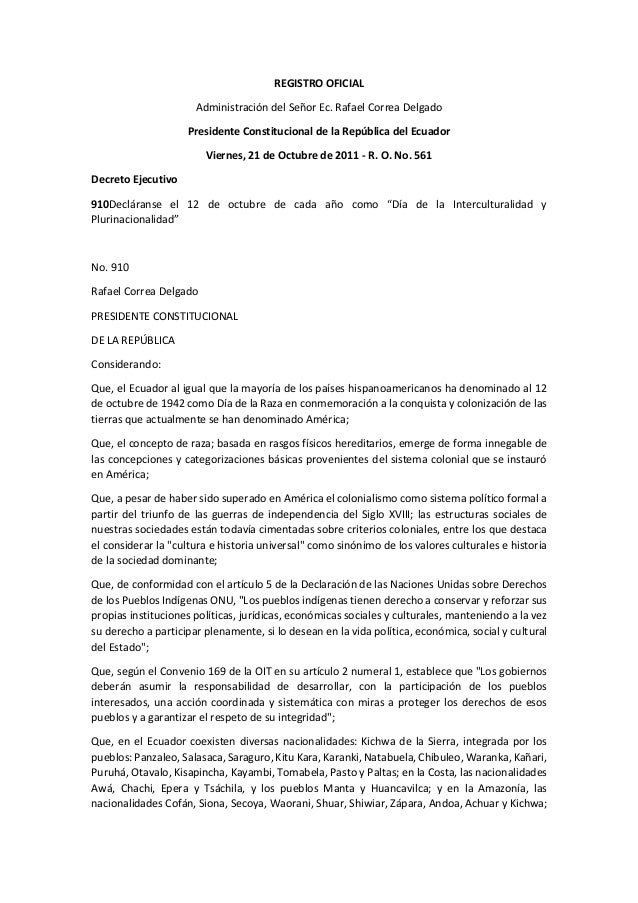 Decreto 910 12 De Octubre Dia De La Interculturalidad Y Plurinacio
