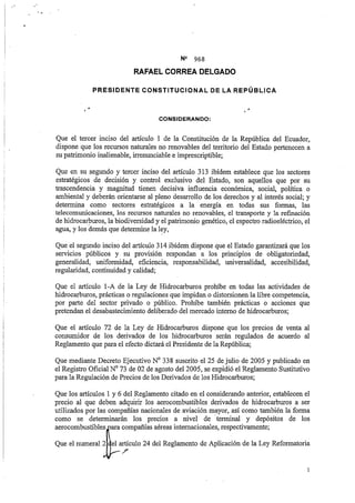 REFORMAS AL REGLAMENTO SUSTITUTIVO PARA LA REGULACIÓN DE LOS PRECIOS DE DERIVADOS HIDROCARBUROS, PUBLICADO R.O. 73 DE AGOSTO 2, 2005.