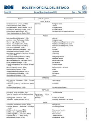 BOLETÍN OFICIAL DEL ESTADO
Núm. 298                                         Lunes 12 de diciembre de 2011                                  Sec. I. Pág. 132728



                     Especie                         Ámbito de aplicación                            Nombre común

                                                          CRUSTÁCEOS
  Carcinus maenas (Linnaeus, 1758).               Canarias.                     Cangrejo verde.
  Cherax destructor (Clark, 1936).                                              Yabbie.
  Eriocheir sinensis (Milne-Edwards, 1853).                                     Cangrejo chino.
  Pacifastacus leniusculus1 (Dana, 1852),.                                      Cangrejo señal.
  Procambarus clarkii1 (Girard, 1852).                                          Cangrejo rojo; Cangrejo americano.
  Triops longicaudatus (Le Conte, 1846).
                                                               PECES
  Alburnus alburnus (Linnaeus, 1758).                                           Alburno.
  Ameiurus melas (Rafinesque, 1820).                                            Pez gato negro.
  Channa argus (Cantor, 1842).                                                  Pez Cabeza de Serpiente del norte.
  Channa marulius (Hamilton, 1822).                                             Pez Cabeza de Serpiente cobra.
  Channa micropeltes (Cuvier, 1831).                                            Pez Cabeza de Serpiente gigante.
  Esox lucius1 (Linnaeus, 1758).                                                Lucio.
  Fundulus heteroclitus (Linnaeus, 1766).                                       Fúndulo.
  Gambusia holbrooki (Agassiz, 1895).                                           Gambusia.
  Australoheros facetus (= Herychtys facetum)                                   Chanchito.
     (Jenyns, 1842).
  Ictalurus punctatus(Rafinesque, 1818).                                        Pez gato punteado.
  Lepomis gibbosus (Linnaeus, 1758).                                            Percasol; pez sol.
  Micropterus salmoides1 (Lacépède, 1802).                                      Perca americana.
  Perca fluviatilis (Linnaeus, 1758).                                           Perca de río.
  Pseudorasbora parva (Temminck et Schlegel,                                    Pseudorasbora.
     1846).
  Pterois volitans (Linnaeus, 1758).                                            Pez escorpión o Pez león.
  Rutilus rutilus (Linnaeus, 1758).                                             Rutilo.
  Salvelinus fontinalis1 (Mitchell, 1815).                                      Salvelino.
  Sander lucioperca (Linnaeus, 1758).                                           Lucioperca.
  Silurus glanis (Linnaeus, 1758).                                              Siluro.
                                                              ANFIBIOS
  Bufo marinus (Linnaeus, 1758 = Rhinella                                       Sapo marino.
    marina).
  Lithobates (=Rana) catesbeiana (Shaw,                                         Rana toro.
    1802).
  Xenopus laevis (Daudin, 1802).                                                Rana de uñas africana.
                                                              REPTILES
  Chrysemys picta (Schneider, 1783).                                            Tortuga pintada.
  Todas las especies de la familia Colubridae.    Canarias,      Ibiza      y
                                                   Formentera.
  Elaphe guttata (Linnaeus, 1766).                Baleares.                     Culebra del maizal.
  Trachemys scripta2 (Schoepff, 1792).                                          Galápago americano o de Florida.
                                                               AVES3
  Amandava amandava (Linnaeus, 1758).                                           Bengalí rojo.
  Coturnix japonica (Temminck & Schlegel,                                       Codorniz japonesa.
    1849).
                                                                                                                                  cve: BOE-A-2011-19398




  Estrilda astrild (Linnaeus, 1758).                                            Pico de coral común.
  Estrilda melpoda (Vieillot, 1817).                                            Carita naranja.
  Estrilda troglodytes (Lichtenstein, 1823).                                    Pico de coral.
  Euplectes afer (J. F. Gmelin, 1789).                                          Tejedor amarillo.
  Leiothrix lutea (Scopoli, 1786).                                              Ruiseñor del Japón.
 