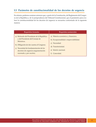 BALANCE CONSTITUCIONAL DE LOS DECRETOS DE URGENCIA EXPEDIDOS
DURANTE EL SEGUNDO GOBIERNO DEL PRESIDENTE ALAN GARCÍA PÉREZ
25
I.5 Parámetro de constitucionalidad de los decretos de urgencia
En síntesis, podemos sostener entonces que, a partir de la Constitución, del Reglamento del Congre-
so de la República y de la jurisprudencia del Tribunal Constitucional, que el parámetro para eva-
luar la constitucionalidad de los decretos de urgencia se encuentra conformado de la siguiente
manera:
Requisitos formales Requisitos sustanciales
a) Refrendo del Presidente de la República
y del Presidente del Consejo de
Ministros.
b) Obligación de dar cuenta al Congreso.
c) Necesidad de fundamentación de los
decretos de urgencia (argumentación
razonada y por escrito).
a) Materia económica y financiera.
b) Excepcionalidad e imprevisibilidad.
c) Necesidad.
d) Transitoriedad.
e) Interés nacional.
f) Conexidad.
 