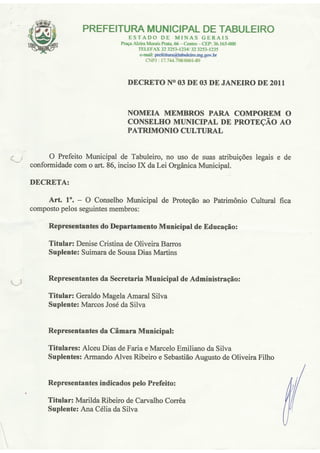 Decreto de Nomeação dos Conselheiros de Patrimônio Cultural de Tabuleiro