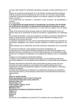 􀁊El plan debe integrar las actividades esporádicas asociadas a fechas significativas (el 16
de
octubre, día mundial de la alimentación; el 17 de Octubre, día Internacional de la pobreza;
el 20 de noviembre, día de los derechos del niño o la niña; el 31 de mayo, día de CastillaLa Mancha) o situaciones especiales (preparar una merienda, organizar una fiesta, salir al
campo, ir al cine…).
􀁊La incorporación de voluntarias y voluntarios al plan enriquece sus posibilidades y
aumenta
los compromisos.
5. La organización del equipo docente, la coordinación con el primer ciclo de infantil,
con la Educación secundaria y el asesoramiento del Equipo de orientación y apoyo.
El profesorado que desarrolla la docencia en un mismo ciclo se configura como un equipo
de
trabajo. El funcionamiento eficaz del grupo exige una actitud de participación activa y el
ejercicio eficaz de la coordinación en todos los momentos y especialmente en el desarrollo
de
las reuniones quincenales, en las que se programa, se evalúa y se proponen alternativas de
mejora. El desarrollo de la coordinación exige un tiempo específico de trabajo, que se
contempla en los horarios del centro.
La necesaria coordinación con otros ciclos se desarrolla de forma habitual en la comisión de
coordinación pedagógica, pero parece necesario establecer reuniones específicas en las
que
pueda participar todo el profesorado, para tomar decisiones relacionadas con la concreción
de
los mínimos de suficiencia, y para preparar los procesos de adaptación, etc.
La presencia en un mismo centro educativo del segundo ciclo de educación infantil y de la
Educación primaria y la referencia a un mismo Proyecto educativo, se ve fortalecida en este
Decreto con la exigencia de elaboración una programación didáctica única y la posibilidad
de
configurar un único equipo de coordinación didáctica.
La relación con los Institutos de educación secundaria y con los Institutos de educación
secundaria obligatoria y con los departamentos didácticos es imprescindible para establecer
el
necesario intercambio de información sobre el alumnado que pasa al primer ciclo de la
Educación secundaria obligatoria, y para debatir sobre aspectos relacionados con la
programación, acercando expectativas y llegando a acuerdos sobre objetivos, contenidos y
criterios de evaluación.
El trabajo del profesorado se ve reforzado por la colaboración del Equipo de orientación y
apoyo del propio centro y de las asesoras y asesores de la red institucional de formación y
asesoramiento.
112
Anexo IV. Horario escolar
Horas semanales por ciclo 1er ciclo 2º ciclo 3er ciclo
Conocimiento del medio natural, social y cultural 6 6 6
Educación artística. 4 4 4
Educación física. 6 4 4
Lengua castellana y literatura. 10 10 9
Lengua extranjera. 6 6 6
Matemáticas. 8 10 9
Educación para la ciudadanía y los derechos humanos 0 0 2
Religión 3 3 3
Lectura 2 2 2
Recreo 5 5 5
50 50 50
De acuerdo con lo establecido en el artículo 10.4, el profesor tutor o la profesora tutora

 