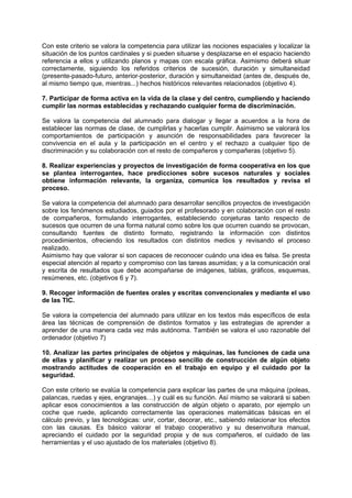 Con este criterio se valora la competencia para utilizar las nociones espaciales y localizar la
situación de los puntos cardinales y si pueden situarse y desplazarse en el espacio haciendo
referencia a ellos y utilizando planos y mapas con escala gráfica. Asimismo deberá situar
correctamente, siguiendo los referidos criterios de sucesión, duración y simultaneidad
(presente-pasado-futuro, anterior-posterior, duración y simultaneidad (antes de, después de,
al mismo tiempo que, mientras...) hechos históricos relevantes relacionados (objetivo 4).
7. Participar de forma activa en la vida de la clase y del centro, cumpliendo y haciendo
cumplir las normas establecidas y rechazando cualquier forma de discriminación.
Se valora la competencia del alumnado para dialogar y llegar a acuerdos a la hora de
establecer las normas de clase, de cumplirlas y hacerlas cumplir. Asimismo se valorará los
comportamientos de participación y asunción de responsabilidades para favorecer la
convivencia en el aula y la participación en el centro y el rechazo a cualquier tipo de
discriminación y su colaboración con el resto de compañeros y compañeras (objetivo 5).
8. Realizar experiencias y proyectos de investigación de forma cooperativa en los que
se plantea interrogantes, hace predicciones sobre sucesos naturales y sociales
obtiene información relevante, la organiza, comunica los resultados y revisa el
proceso.
Se valora la competencia del alumnado para desarrollar sencillos proyectos de investigación
sobre los fenómenos estudiados, guiados por el profesorado y en colaboración con el resto
de compañeros, formulando interrogantes, estableciendo conjeturas tanto respecto de
sucesos que ocurren de una forma natural como sobre los que ocurren cuando se provocan,
consultando fuentes de distinto formato, registrando la información con distintos
procedimientos, ofreciendo los resultados con distintos medios y revisando el proceso
realizado.
Asimismo hay que valorar si son capaces de reconocer cuándo una idea es falsa. Se presta
especial atención al reparto y compromiso con las tareas asumidas; y a la comunicación oral
y escrita de resultados que debe acompañarse de imágenes, tablas, gráficos, esquemas,
resúmenes, etc. (objetivos 6 y 7).
9. Recoger información de fuentes orales y escritas convencionales y mediante el uso
de las TIC.
Se valora la competencia del alumnado para utilizar en los textos más específicos de esta
área las técnicas de comprensión de distintos formatos y las estrategias de aprender a
aprender de una manera cada vez más autónoma. También se valora el uso razonable del
ordenador (objetivo 7)
10. Analizar las partes principales de objetos y máquinas, las funciones de cada una
de ellas y planificar y realizar un proceso sencillo de construcción de algún objeto
mostrando actitudes de cooperación en el trabajo en equipo y el cuidado por la
seguridad.
Con este criterio se evalúa la competencia para explicar las partes de una máquina (poleas,
palancas, ruedas y ejes, engranajes…) y cuál es su función. Así mismo se valorará si saben
aplicar esos conocimientos a las construcción de algún objeto o aparato, por ejemplo un
coche que ruede, aplicando correctamente las operaciones matemáticas básicas en el
cálculo previo, y las tecnológicas: unir, cortar, decorar, etc., sabiendo relacionar los efectos
con las causas. Es básico valorar el trabajo cooperativo y su desenvoltura manual,
apreciando el cuidado por la seguridad propia y de sus compañeros, el cuidado de las
herramientas y el uso ajustado de los materiales (objetivo 8).

 