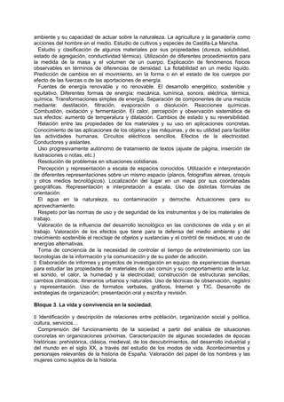 ambiente y su capacidad de actuar sobre la naturaleza. La agricultura y la ganadería como
acciones del hombre en el medio. Estudio de cultivos y especies de Castilla-La Mancha.
Estudio y clasificación de algunos materiales por sus propiedades (dureza, solubilidad,
estado de agregación, conductividad térmica). Utilización de diferentes procedimientos para
la medida de la masa y el volumen de un cuerpo. Explicación de fenómenos físicos
observables en términos de diferencias de densidad. La flotabilidad en un medio líquido.
Predicción de cambios en el movimiento, en la forma o en el estado de los cuerpos por
efecto de las fuerzas o de las aportaciones de energía.
Fuentes de energía renovable y no renovable. El desarrollo energético, sostenible y
equitativo. Diferentes formas de energía: mecánica, lumínica, sonora, eléctrica, térmica,
química. Transformaciones simples de energía. Separación de componentes de una mezcla
mediante: destilación, filtración, evaporación o disolución. Reacciones químicas.
Combustión, oxidación y fermentación. El calor, percepción y observación sistemática de
sus efectos: aumento de temperatura y dilatación. Cambios de estado y su reversibilidad.
Relación entre las propiedades de los materiales y su uso en aplicaciones concretas.
Conocimiento de las aplicaciones de los objetos y las máquinas, y de su utilidad para facilitar
las actividades humanas. Circuitos eléctricos sencillos. Efectos de la electricidad.
Conductores y aislantes.
Uso progresivamente autónomo de tratamiento de textos (ajuste de página, inserción de
ilustraciones o notas, etc.)
Resolución de problemas en situaciones cotidianas.
Percepción y representación a escala de espacios conocidos. Utilización e interpretación
de diferentes representaciones sobre un mismo espacio (planos, fotografías aéreas, croquis
y otros medios tecnológicos). Localización del lugar en un mapa por sus coordenadas
geográficas. Representación e interpretación a escala. Uso de distintas fórmulas de
orientación.
El agua en la naturaleza, su contaminación y derroche. Actuaciones para su
aprovechamiento.
Respeto por las normas de uso y de seguridad de los instrumentos y de los materiales de
trabajo.
Valoración de la influencia del desarrollo tecnológico en las condiciones de vida y en el
trabajo. Valoración de los efectos que tiene para la defensa del medio ambiente y del
crecimiento sostenible el reciclaje de objetos y sustancias y el control de residuos, el uso de
energías alternativas.
Toma de conciencia de la necesidad de controlar el tiempo de entretenimiento con las
tecnologías de la información y la comunicación y de su poder de adicción.
􀁊Elaboración de informes y proyectos de investigación en equipo: de experiencias diversas
para estudiar las propiedades de materiales de uso común y su comportamiento ante la luz,
el sonido, el calor, la humedad y la electricidad; construcción de estructuras sencillas;
cambios climáticos; itinerarios urbanos y naturales. Uso de técnicas de observación, registro
y representación. Uso de formatos verbales, gráficos, Internet y TIC. Desarrollo de
estrategias de organización; presentación oral y escrita y revisión.
Bloque 3. La vida y convivencia en la sociedad.
􀁊Identificación y descripción de relaciones entre población, organización social y política,
cultura, servicios…
Comprensión del funcionamiento de la sociedad a partir del análisis de situaciones
concretas en organizaciones próximas. Caracterización de algunas sociedades de épocas
históricas: prehistórica, clásica, medieval, de los descubrimientos, del desarrollo industrial y
del mundo en el siglo XX, a través del estudio de los modos de vida. Acontecimientos y
personajes relevantes de la historia de España. Valoración del papel de los hombres y las
mujeres como sujetos de la historia.

 