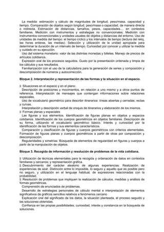 La medida: estimación y cálculo de magnitudes de longitud, peso/masa, capacidad y
tiempo. Comparación de objetos según longitud, peso/masa o capacidad, de manera directa
o indirecta. Estimación de distancias, tamaños, pesos, capacidades.... en contextos
familiares. Medición con instrumentos y estrategias no convencionales; Medición con
instrumentos convencionales y unidades usuales de objetos y distancias del entorno. Uso de
unidades de medida del tiempo: el tiempo cíclico y los intervalos de tiempo (lectura del reloj,
las horas enteras, las medias). Selección y utilización de la unidad apropiada para
determinar la duración de un intervalo de tiempo. Curiosidad por conocer y utilizar la medida
y cuidado en su ejecución.
Uso del sistema monetario: valor de las distintas monedas y billetes. Manejo de precios de
artículos cotidianos.
Expresión oral de los procesos seguidos. Gusto por la presentación ordenada y limpia de
los cálculos y sus resultados.
Familiarización con el uso de la calculadora para la generación de series y composición y
descomposición de números y autocorrección.
Bloque 2. Interpretación y representación de las formas y la situación en el espacio.
􀁊Situaciones en el espacio y en el plano:
Descripción de posiciones y movimientos, en relación a uno mismo y a otros puntos de
referencia. Interpretación de mensajes que contengan informaciones sobre relaciones
espaciales.
Uso de vocabulario geométrico para describir itinerarios: líneas abiertas y cerradas; rectas
y curvas.
Interpretación y descripción verbal de croquis de itinerarios y elaboración de los mismos.
􀁊Formas planas y espaciales
Las figuras y sus elementos. Identificación de figuras planas en objetos y espacios
cotidianos. Identificación de los cuerpos geométricos en objetos familiares. Descripción de
su forma, utilizando el vocabulario geométrico básico. Interés y curiosidad por la
identificación de las formas y sus elementos característicos.
Comparación y clasificación de figuras y cuerpos geométricos con criterios elementales.
Formación de figuras planas y cuerpos geométricos a partir de otras por composición y
descomposición.
Regularidades y simetrías: Búsqueda de elementos de regularidad en figuras y cuerpos a
partir de la manipulación de objetos.
Bloque 3. Recogida de información y resolución de problemas de la vida cotidiana.
􀁊Utilización de técnicas elementales para la recogida y ordenación de datos en contextos
familiares y cercanos; y representación gráfica.
􀁊Descubrimiento del carácter aleatorio de algunas experiencias: Realización de
experiencias de azar. Distinción entre lo imposible, lo seguro y aquello que es posible pero
no seguro, y utilización en el lenguaje habitual, de expresiones relacionadas con la
probabilidad.
􀁊Resolución de problemas que impliquen la realización de cálculos, medidas y análisis de
formas geométricas.
Comprensión de enunciados de problemas.
Desarrollo de estrategias personales de cálculo mental e interpretación de elementos
significativos de gráficos sencillos relativos a fenómenos cercano
Explicación oral del significado de los datos, la situación planteada, el proceso seguido y
las soluciones obtenidas.
Confianza en las propias posibilidades; curiosidad, interés y constancia en la búsqueda de
soluciones.

 