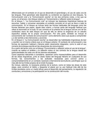 diferenciado por el contexto en el que se desarrolla el aprendizaje y el uso de cada una de
las lenguas. Para garantizar este desarrollo su contenido se organiza en dos bloques, “la
Comunicación oral y la “Comunicación escrita” en los dos primeros ciclos, a los que se
suma, en el tercero, otro bloque relativo al “Conocimiento y reflexión sobre la lengua”.
En el bloque 1, “La Comunicación oral” se incluyen las destrezas lingüísticas básicas de
escuchar, hablar y conversar asociadas al contexto concreto en el que se lleva a cabo la
comunicación. En el bloque se incluye tanto las formas habituales del lenguaje como las
formas literarias que pasan, desde este criterio, a formar parte del lenguaje habitual que
utiliza el alumnado en el aula. El uso correcto en la práctica de la lengua oral es uno de los
contenidos clave de este bloque sin que de ello se derive la exigencia de un estudio
específico aislado de la propia comunicación. Por otra parte, también se incluye el
conocimiento del “contexto de comunicación” como elemento clave que ayuda a comprender
y a dar sentido a las intenciones y acciones.
En el bloque 2, “La Comunicación escrita” se desarrollan las habilidades lingüísticas de leer
y escribir con el mismo criterio que en el bloque anterior. El contexto de comunicación y las
formas de expresión habitual y literaria están claramente integrados, como lo está el uso
correcto de la lengua escrita en las situaciones de comunicación.
Es a partir del tercer ciclo con el bloque “Conocimiento y reflexión sobre el uso de la lengua”,
cuando se realiza el análisis y la reflexión sobre el uso correcto de la lengua desde las
particularidades de cada uno de los idiomas estudiados.
Como aspectos relevantes a considerar, aparecen como imprescindibles para el desarrollo
de las áreas lingüísticas, junto al citado realce del lenguaje literario en cualquiera de sus
formas, los conocimientos y las actitudes necesarias para convivir activa y
comprometidamente en un contexto nacional e internacional pluricultural y plurilingüe que va
más allá de los límites propios de la Unión Europea.
Se incluye, además, la necesaria práctica de la lectura, como en todas las áreas de esta
etapa, para construir el hábito y despertar el placer por su uso habitual más allá de los
límites escolares como un medio eficaz para el desarrollo del pensamiento, la regulación de
conductas y emociones y la participación en la construcción del mundo.

 