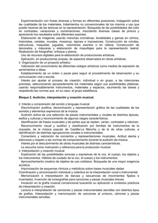 Experimentación con líneas diversas y formas en diferentes posiciones. Indagación sobre
las cualidades de los materiales, tratamientos no convencionales de los mismos y uso que
puede hacerse de las texturas en la representación. Búsqueda de las posibilidades del color
en contrastes, variaciones y combinaciones, mezclando diversas clases de pintura y
apreciando los resultados sobre diferentes soportes.
Elaboración de imágenes usando manchas cromáticas, tonalidades y gamas en cómics,
historietas, carteles, murales, mosaicos, tapices e impresiones. Construcción de móviles,
estructuras, maquetas, juguetes, volúmenes exentos o en relieve. Construcción de
decorados y máscaras y elaboración de maquillajes para la representación teatral.
Realización de fotografías: enfoque y planos.
Uso de recursos digitales para la elaboración de producciones artísticas.
Aplicación, en producciones propias, de aspectos observados en obras artísticas.
􀁊Organización de un proyecto artístico:
Valoración del conocimiento de diferentes códigos artísticos como medios de expresión de
sentimientos e ideas.
Establecimiento de un orden o pauta para seguir el procedimiento de observación y su
comunicación oral o escrita.
Interés por ajustar el proceso de creación, individual o en grupo, a las intenciones
previstas, seleccionando apropiadamente los materiales según sus posibilidades plásticas,
usando responsablemente instrumentos, materiales y espacios, asumiendo las tareas y
respetando las normas que, en su caso, el grupo establezca.
Bloque 2. Audición, interpretación y creación musical.
􀁊Interés y comprensión del sonido y lenguaje musical
Discriminación auditiva, denominación y representación gráfica de las cualidades de los
sonidos y elementos expresivos de la música.
Audición activa de una selección de piezas instrumentales y vocales de distintos épocas,
estilos y culturas y reconocimiento de algunos rasgos característicos.
Identificación de frases musicales y de partes que se repiten, varían, contrastan y retornan.
Reconocimiento visual y auditivo y clasificación por familias de instrumentos de la
orquesta, de la música popular de Castilla-La Mancha y de la de otras culturas, e
identificación de distintas agrupaciones vocales e instrumentales.
Comentario y valoración de conciertos y representaciones musicales. Actitud atenta y
silenciosa y respeto a las normas de comportamiento durante la audición de música.
Interés por el descubrimiento de obras musicales de distintas características.
La escucha como motivación y referencia para la producción musical.
􀁊Interpretación y creación musical
Exploración de las posibilidades sonoras y expresivas de la voz, el cuerpo, los objetos y
los instrumentos. Hábitos de cuidado de la voz, el cuerpo y los instrumentos.
Aprovechamiento creativo de objetos de uso cotidiano. Búsqueda de una mayor exigencia
acústica.
Improvisación de esquemas rítmicos y melódicos sobre bases musicales dadas
Coordinación y sincronización individual y colectiva en la interpretación vocal o instrumental.
Memorización e interpretación de danzas y secuencias de movimientos fijados e
inventados. Invención de coreografías para canciones y piezas musicales breves.
Iniciación en la grafía musical convencional buscando su aplicación a contextos prácticos
de interpretación y creación.
Lectura e interpretación de canciones y piezas instrumentales sencillas con distintos tipos
de grafías. Interpretación y memorización de canciones al unísono, cánones y piezas
instrumentales sencillas.

 