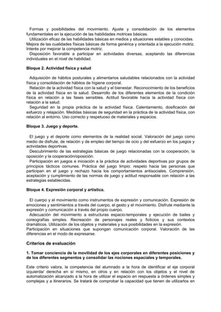 Formas y posibilidades del movimiento. Ajuste y consolidación de los elementos
fundamentales en la ejecución de las habilidades motrices básicas.
Utilización eficaz de las habilidades básicas en medios y situaciones estables y conocidas.
Mejora de las cualidades físicas básicas de forma genérica y orientada a la ejecución motriz.
Interés por mejorar la competencia motriz.
Disposición favorable a participar en actividades diversas, aceptando las diferencias
individuales en el nivel de habilidad.
Bloque 2. Actividad física y salud
Adquisición de hábitos posturales y alimentarios saludables relacionados con la actividad
física y consolidación de hábitos de higiene corporal.
Relación de la actividad física con la salud y el bienestar. Reconocimiento de los beneficios
de la actividad física en la salud. Desarrollo de los diferentes elementos de la condición
física en relación a las fases sensibles. Actitud favorable hacia la actividad física con
relación a la salud.
Seguridad en la propia práctica de la actividad física. Calentamiento, dosificación del
esfuerzo y relajación. Medidas básicas de seguridad en la práctica de la actividad física, con
relación al entorno. Uso correcto y respetuoso de materiales y espacios.
Bloque 3. Juego y deporte.
El juego y el deporte como elementos de la realidad social. Valoración del juego como
medio de disfrute, de relación y de empleo del tiempo de ocio y del esfuerzo en los juegos y
actividades deportivas.
Descubrimiento de las estrategias básicas de juego relacionadas con la cooperación, la
oposición y la cooperación/oposición.
Participación en juegos e iniciación a la práctica de actividades deportivas por grupos de
principios tácticos comunes. Práctica del juego limpio: respeto hacia las personas que
participan en el juego y rechazo hacia los comportamientos antisociales. Comprensión,
aceptación y cumplimiento de las normas de juego y actitud responsable con relación a las
estrategias establecidas.
Bloque 4. Expresión corporal y artística.
El cuerpo y el movimiento como instrumentos de expresión y comunicación. Expresión de
emociones y sentimientos a través del cuerpo, el gesto y el movimiento. Disfrute mediante la
expresión y comunicación a través del propio cuerpo.
Adecuación del movimiento a estructuras espacio-temporales y ejecución de bailes y
coreografías simples. Recreación de personajes reales y ficticios y sus contextos
dramáticos. Utilización de los objetos y materiales y sus posibilidades en la expresión.
Participación en situaciones que supongan comunicación corporal. Valoración de las
diferencias en el modo de expresarse.

Criterios de evaluación
1. Tomar conciencia de la movilidad de los ejes corporales en diferentes posiciones y
de los diferentes segmentos y consolidar las nociones espaciales y temporales.
Este criterio valora, la competencia del alumnado a la hora de identificar el eje corporal
izquierda/ derecha en sí mismo, en otros y en relación con los objetos y el nivel de
automatización alcanzado a la hora de utilizar el espacio en respuesta a órdenes simples y
complejas y a itinerarios. Se tratará de comprobar la capacidad que tienen de utilizarlos en

 