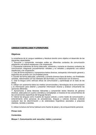 LENGUA CASTELLANA Y LITERATURA.
Objetivos
La enseñanza de la Lengua castellana y literatura tendrá como objetivo el desarrollo de las
siguientes capacidades:
1. Escuchar y comprender mensajes orales en diferentes contextos de comunicación
adoptando una actitud respetuosa y de cooperación.
2. Expresarse oralmente de forma adecuada, coherente y correcta en diversos contextos de
comunicación integrando procedimientos verbales y no verbales y adoptando una actitud
respetuosa y de cooperación.
3. Leer de forma expresiva y comprensiva textos diversos, extrayendo información general y
específica de acuerdo con una finalidad previa.
4. Escribir de forma adecuada, coherente y correcta diversos tipos de textos, con finalidades
variadas, relacionados con los intereses del alumnado y su interacción con el entorno.
5. Usar la lengua como vehículo eficaz de comunicación y aprendizaje en el resto de las
áreas.
6. Utilizar con autonomía todos los medios convencionales y tecnologías de la comunicación
y la información para obtener y presentar información diversa y analizar críticamente las
opiniones diferentes.
7. Aproximarse a obras literarias relevantes y comprender textos literarios de géneros
diversos, adecuados en cuanto a temática y complejidad, e iniciarse en los conocimientos de
las convenciones específicas del lenguaje literario.
8. Valorar las lenguas como muestra de riqueza cultural, y como medio de comunicación y
entendimiento entre personas de procedencias, lenguas y culturas diversas evitando
cualquier tipo de discriminación y de estereotipos lingüísticos asociados a prejuicios
clasistas, racistas o sexistas.
9. Utilizar la lectura de forma habitual como fuente de placer y de enriquecimiento personal.
Primer ciclo
Contenidos
Bloque 1. Comunicación oral: escuchar, hablar y conversar

 