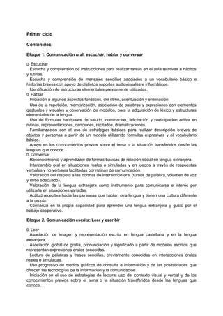 Primer ciclo
Contenidos
Bloque 1. Comunicación oral: escuchar, hablar y conversar
􀁊Escuchar
Escucha y comprensión de instrucciones para realizar tareas en el aula relativas a hábitos
y rutinas.
Escucha y comprensión de mensajes sencillos asociados a un vocabulario básico e
historias breves con apoyo de distintos soportes audiovisuales e informáticos.
Identificación de estructuras elementales previamente utilizadas.
􀁊Hablar
Iniciación a algunos aspectos fonéticos, del ritmo, acentuación y entonación
Uso de la repetición, memorización, asociación de palabras y expresiones con elementos
gestuales y visuales y observación de modelos, para la adquisición de léxico y estructuras
elementales de la lengua.
Uso de fórmulas habituales de saludo, nominación, felicitación y participación activa en
rutinas, representaciones, canciones, recitados, dramatizaciones.
Familiarización con el uso de estrategias básicas para realizar descripción breves de
objetos y personas a partir de un modelo utilizando formulas expresivas y el vocabulario
básico.
Apoyo en los conocimientos previos sobre el tema o la situación transferidos desde las
lenguas que conoce.
􀁊Conversar
Reconocimiento y aprendizaje de formas básicas de relación social en lengua extranjera.
Intercambio oral en situaciones reales o simuladas y en juegos a través de respuestas
verbales y no verbales facilitadas por rutinas de comunicación.
Valoración del respeto a las normas de interacción oral (turnos de palabra, volumen de voz
y ritmo adecuado).
Valoración de la lengua extranjera como instrumento para comunicarse e interés por
utilizarla en situaciones variadas.
Actitud receptiva hacia las personas que hablan otra lengua y tienen una cultura diferente
a la propia.
Confianza en la propia capacidad para aprender una lengua extranjera y gusto por el
trabajo cooperativo.
Bloque 2. Comunicación escrita: Leer y escribir
􀁊Leer
Asociación de imagen y representación escrita en lengua castellana y en la lengua
extranjera.
Asociación global de grafía, pronunciación y significado a partir de modelos escritos que
representan expresiones orales conocidas.
Lectura de palabras y frases sencillas, previamente conocidas en interacciones orales
reales o simuladas.
Uso progresivo de medios gráficos de consulta e información y de las posibilidades que
ofrecen las tecnologías de la información y la comunicación.
Iniciación en el uso de estrategias de lectura: uso del contexto visual y verbal y de los
conocimientos previos sobre el tema o la situación transferidos desde las lenguas que
conoce.

 