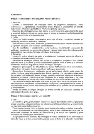 Contenidos
Bloque 1. Comunicación oral: escuchar, hablar y conversar
􀁊Escuchar
Escucha y comprensión de mensajes orales de progresiva complejidad, como
instrucciones o explicaciones, interacciones orales dirigidas o grabaciones en soporte
audiovisual e informático, para obtener información global y específica.
Desarrollo de estrategias básicas para apoyar la comprensión oral: uso del contexto visual
y no verbal, de los conocimientos previos sobre el tema o la situación, transferido desde las
lenguas que conoce a la lengua extranjera.
􀁊Hablar
Producción de textos orales con progresiva autonomía, eficacia y complejidad basados en
modelos y estructuras lingüísticas conocidas.
Pronunciación cuidada, ritmo, entonación y acentuación adecuados, tanto en la interacción
y expresión oral como en la recitación y dramatización.
Uso de habilidades y procedimientos como repetición, memorización, asociación de
palabras y expresiones con elementos gestuales y visuales, observación de modelos para la
adquisición de nuevo léxico, formas y estructuras de la lengua.
􀁊Conversar
Interacción oral en situaciones reales o simuladas con progresiva autonomía, eficacia y
complejidad de las expresiones utilizadas.
Desarrollo de estrategias básicas para apoyar la comprensión y expresión oral: uso del
contexto visual y no verbal y de los conocimientos previos sobre el tema o la situación
transferidos desde las lenguas que conoce a la lengua extranjera.
Disposición para superar las dificultades que surgen habitualmente en la comunicación,
utilizando las estrategias de comunicación de las lenguas que conoce.
Conocimiento de costumbres cotidianas y uso de las formas de relación social propias de
países donde se habla la lengua extranjera. Actitud receptiva y de valoración positiva hacia
las personas que hablan otra lengua y tienen una cultura diferente a la propia. Interés por
establecer contactos y comunicarse con hablantes de la lengua extranjera o de otras
lenguas a través de los medios que nos proporcionan las tecnologías de la comunicación.
Valoración de la lengua extranjera o de otras lenguas como medio para comunicarse y
relacionarse con compañeros y compañeras de otros países, como posibilidad de acceso a
informaciones nuevas y como instrumento para conocer culturas y modos de vivir diferentes
y enriquecedores.
Interés por utilizar la lengua extranjera de forma correcta en situaciones variadas en
actividades individuales o de grupo.
Bloque 2. Comunicación escrita: Leer y escribir
􀁊Leer
Asociación de grafía, pronunciación y significado a partir de modelos escritos, expresiones
orales conocidas, establecimiento de las relaciones analíticas grafía-sonido y conocimiento
de algunas irregularidades relevantes.
Pronunciación cuidada, ritmo, entonación y acentuación adecuados, en lectura en voz alta.
Lectura y comprensión de información global y específica en diferentes textos propios de
situaciones cotidianas de medios de comunicación y de textos para aprender y para
informarse, en soporte papel y multimedia.
Uso progresivamente autónomo de estrategias de lectura (utilización de los elementos del
contexto visual y de los conocimientos previos sobre el tema o la situación transferidos

 