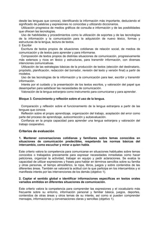 desde las lenguas que conoce), identificando la información más importante, deduciendo el
significado de palabras y expresiones no conocidas y utilizando diccionarios.
Utilización progresiva de medios gráficos de consulta e información y de las posibilidades
que ofrecen las tecnologías.
Uso de habilidades y procedimientos como la utilización de soportes y de las tecnologías
de la información y la comunicación para la adquisición de nuevo léxico, formas y
estructuras de la lengua, lectura de textos.
􀁊Escribir
Escritura de textos propios de situaciones cotidianas de relación social, de medios de
comunicación y de textos para aprender y para informarse.
Composición de textos propios de distintas situaciones de comunicación, progresivamente
más extensos y ricos en léxico y estructuras, para transmitir información, con diversas
intenciones comunicativas.
Utilización de las estrategias básicas de la producción de textos (elección del destinatario,
propósito, planificación, redacción del borrador, revisión del texto y versión final) a partir de
modelos.
Uso de las tecnologías de la información y la comunicación para leer, escribir y transmitir
información.
Interés por el cuidado y la presentación de los textos escritos, y valoración del papel que
desempeñan para satisfacer las necesidades de comunicación.
Valoración de la lengua extranjera como instrumento para comunicarse y para aprender.
Bloque 3. Conocimiento y reflexión sobre el uso de la lengua.
Comparación y reflexión sobre el funcionamiento de la lengua extranjera a partir de las
lenguas que conoce.
Reflexión sobre el propio aprendizaje, organización del trabajo, aceptación del error como
parte del proceso de aprendizaje, autocorrección y autoevaluación.
Confianza en la propia capacidad para aprender una lengua extranjera y valoración del
trabajo cooperativo.

Criterios de evaluación
1. Mantener conversaciones cotidianas y familiares sobre temas conocidos en
situaciones de comunicación predecibles, respetando las normas básicas del
intercambio, como escuchar y mirar a quien habla.
Este criterio valora la competencia para comunicarse en situaciones habituales sobre temas
conocidos o trabajados previamente para expresar necesidades inmediatas como hacer
peticiones, organizar la actividad, trabajar en equipo y pedir aclaraciones. Se evalúa la
capacidad de utilizar expresiones y frases para hablar en términos sencillos sobre su familia
y otras personas, el tiempo atmosférico, la ropa, libros, juegos y sobre contenidos de las
diferentes áreas. También se valorará la actitud con la que participa en los intercambios y si
manifiesta interés por las intervenciones de los demás (objetivo 1).
2. Captar el sentido global e identificar informaciones específicas en textos orales
variados emitidos en diferentes situaciones de comunicación.
Este criterio valora la competencia para comprender las expresiones y el vocabulario más
frecuente sobre su entorno, información personal y familiar básica, juegos, deportes,
contenidos de otras áreas y otros temas de su interés, así como si pueden comprender
mensajes, informaciones y conversaciones claras y sencillas (objetivo 1).

 