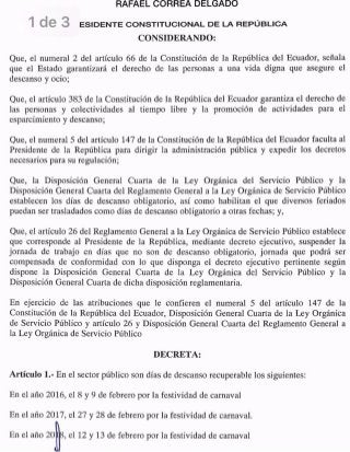 Decreto Feriados Nacionales Ecuador 2016 2020