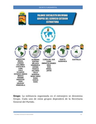 FALANGE SOCIALISTA BOLIVIANA 10
DECRETO FUNDAMENTAL
Grupo: La militancia organizada en el extranjero se denomina
Grupo. Cada uno de estos grupos dependerá de la Secretaria
General del Partido.
 