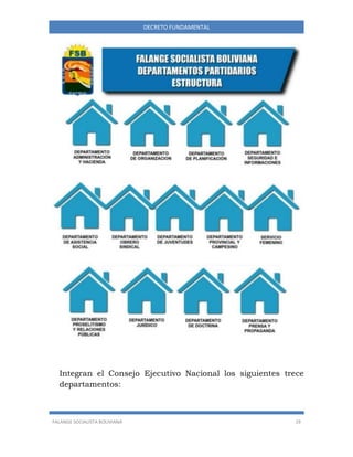 FALANGE SOCIALISTA BOLIVIANA 19
DECRETO FUNDAMENTAL
Integran el Consejo Ejecutivo Nacional los siguientes trece
departamentos:
 