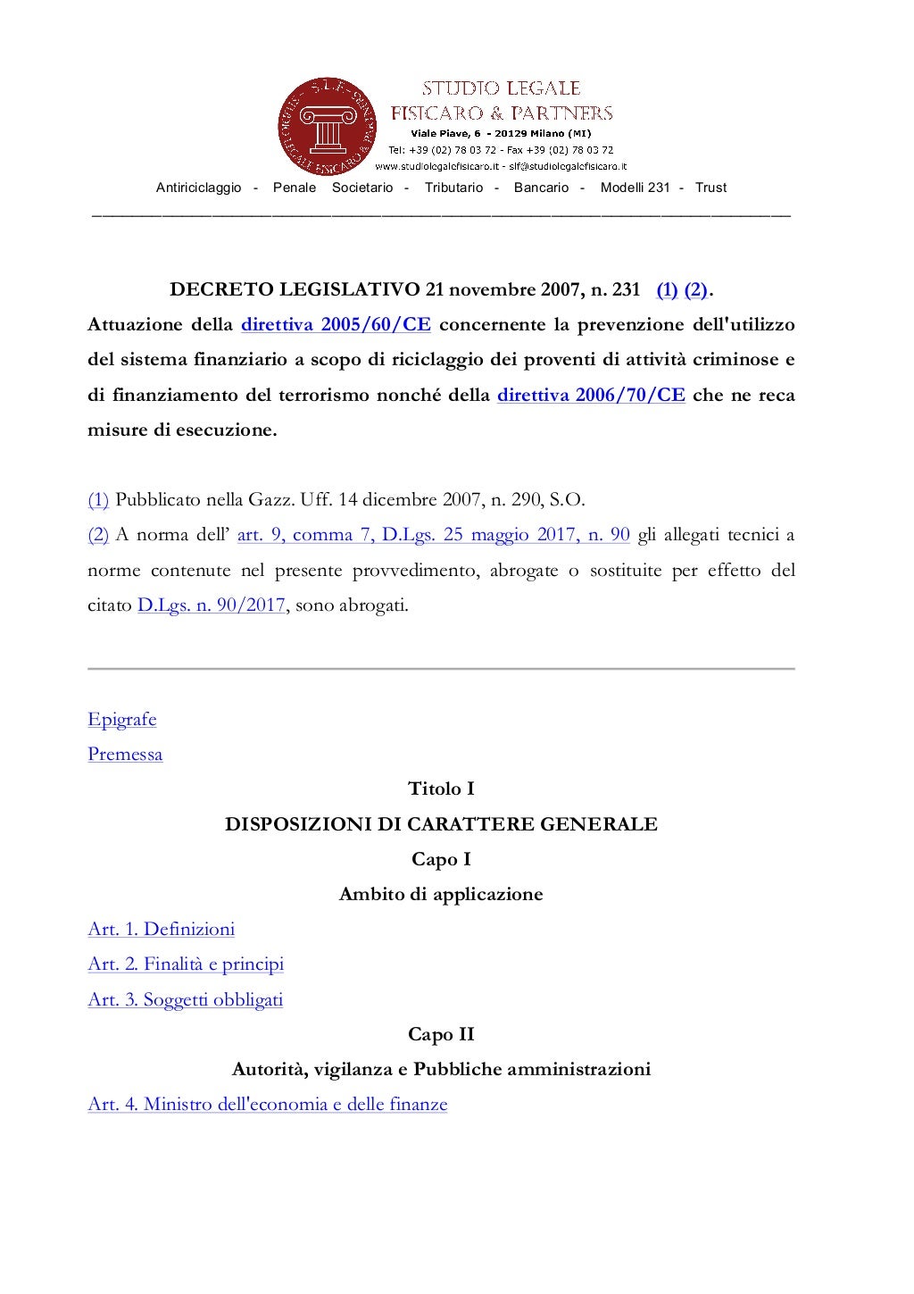 Decreto legislativo 231 del 2007 integrato