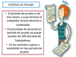 PERIÓDO DE PRUEBA
• El período de prueba es de
tres meses, a cuyo término el
trabajador alcanza derecho a
estabilidad.
• El porcentaje de personal en
período de prueba no puede
exceder de 10% del total de
Trabajadores.
• En los contratos sujetos a
modalidad no hay período de
prueba
 
