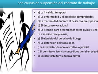 Son causas de suspensión del contrato de trabajo:
• a) La invalidez temporal
• b) La enfermedad y el accidente comprobados
• c) La maternidad durante el descanso pre y post na
• d) El descanso vacacional
• e) La licencia para desempeñar cargo cívico y sindi
• f)La sanción disciplinaria;
• g) El ejercicio del derecho de huelga
• h) La detención del trabajador,
• i) La inhabilitación administrativa o judicial
• j) El permiso o licencia concedidos por el emplead
• k) El caso fortuito y la fuerza mayor
 