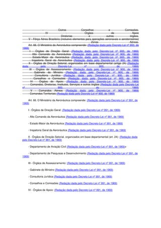 - Outros Conselhos e Comissões.
IV - Órgãos de Apoio
- Diretorias e outros órgãos.
V - Fôrça Aérea Brasileira (inclusive elementos para operações aeronavais e aeroterrestres)
- Zonas Aéreas.
Art. 66. O Ministério da Aeronáutica compreende: (Redação dada pelo Decreto-Lei nº 900, de
1969)
I - Órgãos de Direção Geral: (Redação dada pelo Decreto-Lei nº 900, de 1969)
- Alto Comando da Aeronáutica (Redação dada pelo Decreto-Lei nº 900, de 1969)
- Estado-Maior da Aeronáutica (Redação dada pelo Decreto-Lei nº 900, de 1969)
- Inspetoria Geral da Aeronáutica (Redação dada pelo Decreto-Lei nº 900, de 1969)
II - Órgãos de Direção Setorial, organizados em base departamental (artigo 24) (Redação
dada pelo Decreto-Lei nº 900, de 1969)
III - Órgãos de Assessoramento: (Redação dada pelo Decreto-Lei nº 900, de 1969)
- Gabinete do Ministro (Redação dada pelo Decreto-Lei nº 900, de 1969)
- Consultoria Jurídica (Redação dada pelo Decreto-Lei nº 900, de 1969)
- Conselhos e Comissões (Redação dada pelo Decreto-Lei nº 900, de 1969)
IV - Órgãos de Apoio: (Redação dada pelo Decreto-Lei nº 900, de 1969)
- Comandos, Diretorias, Institutos, Serviços e outros órgãos (Redação dada pelo Decreto-Lei
nº 900, de 1969)
V - Comandos Aéreos (Redação dada pelo Decreto-Lei nº 900, de 1969)
- Comandos Territoriais (Redação dada pelo Decreto-Lei nº 900, de 1969)
Art. 66. O Ministério da Aeronáutica compreende: (Redação dada pelo Decreto-Lei nº 991, de
1969)
I - Órgãos de Direção Geral: (Redação dada pelo Decreto-Lei nº 991, de 1969)
- Alto Comando da Aeronáutica (Redação dada pelo Decreto-Lei nº 991, de 1969)
- Estado-Maior da Aeronáutica (Redação dada pelo Decreto-Lei nº 991, de 1969)
- Inspetoria Geral da Aeronáutica (Redação dada pelo Decreto-Lei nº 991, de 1969)
II - Órgãos de Direção Setorial, organizados em base departamental (art. 24): (Redação dada
pelo Decreto-Lei nº 991, de 1969)
- Departamento de Aviação Civil (Redação dada pelo Decreto-Lei nº 991, de 1969)v
- Departamento de Pesquisas e Desenvolvimento (Redação dada pelo Decreto-Lei nº 991, de
1969)
III - Órgãos de Assessoramento: (Redação dada pelo Decreto-Lei nº 991, de 1969)
- Gabinete do Ministro (Redação dada pelo Decreto-Lei nº 991, de 1969)
- Consultoria Jurídica (Redação dada pelo Decreto-Lei nº 991, de 1969)
- Conselhos e Comissões (Redação dada pelo Decreto-Lei nº 991, de 1969)
IV - Órgãos de Apoio: (Redação dada pelo Decreto-Lei nº 991, de 1969)
 