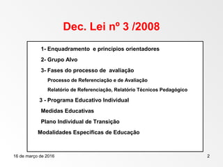 16 de março de 2016 2
Dec. Lei nº 3 /2008
 1- Enquadramento e princípios orientadores
 2- Grupo Alvo
 3- Fases do processo de avaliação
Processo de Referenciação e de Avaliação
Relatório de Referenciação, Relatório Técnicos Pedagógico
 3 - Programa Educativo Individual
 Medidas Educativas
 Plano Individual de Transição
 Modalidades Específicas de Educação
 