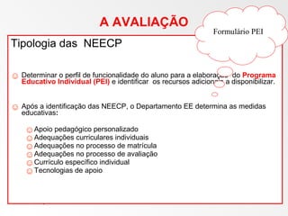 16 de março de 2016 20
Tipologia das NEECP
☺ Determinar o perfil de funcionalidade do aluno para a elaboração do Programa
Educativo Individual (PEI) e identificar os recursos adicionais a disponibilizar.
☺ Após a identificação das NEECP, o Departamento EE determina as medidas
educativas:
☺Apoio pedagógico personalizado
☺Adequações curriculares individuais
☺Adequações no processo de matrícula
☺Adequações no processo de avaliação
☺Currículo específico individual
☺Tecnologias de apoio
A AVALIAÇÃO
Formulário PEI
 