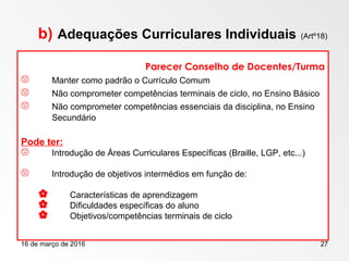 16 de março de 2016 27
b) Adequações Curriculares Individuais (Artº18)
Parecer Conselho de Docentes/Turma
 Manter como padrão o Currículo Comum
 Não comprometer competências terminais de ciclo, no Ensino Básico
 Não comprometer competências essenciais da disciplina, no Ensino
Secundário
Pode ter:
 Introdução de Áreas Curriculares Específicas (Braille, LGP, etc...)
 Introdução de objetivos intermédios em função de:
 Características de aprendizagem
 Dificuldades específicas do aluno
 Objetivos/competências terminais de ciclo
 