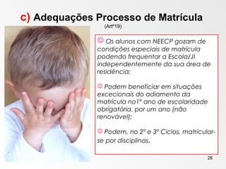 16 de março de 2016 28
c) Adequações Processo de Matrícula
(Artº19)
 Os alunos com NEECP gozam de
condições especiais de matrícula
podendo frequentar a Escola/JI
independentemente da sua área de
residência;
 Podem beneficiar em situações
excecionais do adiamento da
matrícula no1º ano de escolaridade
obrigatória, por um ano (não
renovável);
 Podem, no 2º e 3º Ciclos, matricular-
se por disciplinas.
 