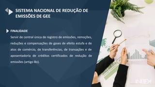 SISTEMA NACIONAL DE REDUÇÃO DE
EMISSÕES DE GEE
FINALIDADE
Servir de central única de registro de emissões, remoções,
reduções e compensações de gases de efeito estufa e de
atos de comércio, de transferências, de transações e de
aposentadoria de créditos certificados de redução de
emissões (artigo 8o).
 