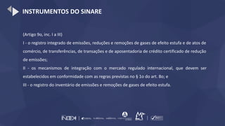 INSTRUMENTOS DO SINARE
(Artigo 9o, inc. I a III)
I - o registro integrado de emissões, reduções e remoções de gases de efeito estufa e de atos de
comércio, de transferências, de transações e de aposentadoria de crédito certificado de redução
de emissões;
II - os mecanismos de integração com o mercado regulado internacional, que devem ser
estabelecidos em conformidade com as regras previstas no § 1o do art. 8o; e
III - o registro do inventário de emissões e remoções de gases de efeito estufa.
 