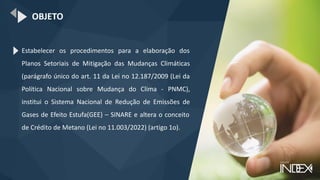 OBJETO
Estabelecer os procedimentos para a elaboração dos
Planos Setoriais de Mitigação das Mudanças Climáticas
(parágrafo único do art. 11 da Lei no 12.187/2009 (Lei da
Política Nacional sobre Mudança do Clima - PNMC),
institui o Sistema Nacional de Redução de Emissões de
Gases de Efeito Estufa(GEE) – SINARE e altera o conceito
de Crédito de Metano (Lei no 11.003/2022) (artigo 1o).
 