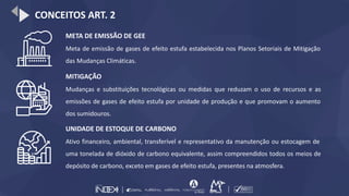 CONCEITOS ART. 2
META DE EMISSÃO DE GEE
Meta de emissão de gases de efeito estufa estabelecida nos Planos Setoriais de Mitigação
das Mudanças Climáticas.
MITIGAÇÃO
Mudanças e substituições tecnológicas ou medidas que reduzam o uso de recursos e as
emissões de gases de efeito estufa por unidade de produção e que promovam o aumento
dos sumidouros.
UNIDADE DE ESTOQUE DE CARBONO
Ativo financeiro, ambiental, transferível e representativo da manutenção ou estocagem de
uma tonelada de dióxido de carbono equivalente, assim compreendidos todos os meios de
depósito de carbono, exceto em gases de efeito estufa, presentes na atmosfera.
 