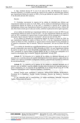 Decreto n°147, de 2021, de Ministerio de Justicia, Extiende vigencia de cédulas de identidad para chilenos, conforme se indica, en DO. 27 de diciembre de 2021