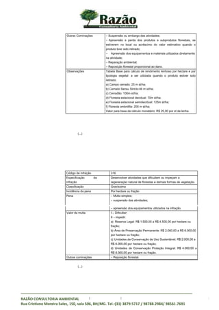 _____________________________________________________________________________________
RAZÃO CONSULTORIA AMBIENTAL
Rua Cristiano Moreira Sales, 150, sala 506, BH/MG. Tel.:(31) 3879.5717 / 98788.2984/ 98561.7691
(...)
Código de infração 316
Especificação da
infração
Desenvolver atividades que dificultem ou impeçam a
regeneração natural de florestas e demais formas de vegetação.
Classificação Gravíssima
Incidência da pena Por hectare ou fração
Pena – Multa simples;
– suspensão das atividades;
(...)
Outras Cominações – Suspensão ou embargo das atividades;
– Apreensão e perda dos produtos e subprodutos florestais, se
estiverem no local ou acréscimo do valor estimativo quando o
produto tiver sido retirado;
– Apreensão dos equipamentos e materiais utilizados diretamente
na atividade;
– Reparação ambiental;
– Reposição florestal proporcional ao dano.
Observações Tabela Base para cálculo de rendimento lenhoso por hectare e por
tipologia vegetal: a ser utilizada quando o produto estiver sido
retirado.
a) Campo cerrado: 25 m st/ha;
b) Cerrado Sensu Stricto:46 m st/ha;
c) Cerradão: 100m st/ha;
d) Floresta estacional decidual: 70m st/ha;
e) Floresta estacional semidecidual: 125m st/ha;
f) Floresta ombrófila: 200 m st/ha;
Valor para base de cálculo monetário: R$ 20,00 por st de lenha.
– apreensão dos equipamentos utilizados na infração.
Valor da multa I – Dificultar;
II – impedir.
a) Reserva Legal: R$ 1.500,00 a R$ 4.500,00 por hectare ou
fração;
b) Área de Preservação Permanente: R$ 2.000,00 a R$ 6.000,00
por hectare ou fração;
c) Unidades de Conservação de Uso Sustentável: R$ 2.000,00 a
R$ 6.000,00 por hectare ou fração;
d) Unidades de Conservação Proteção Integral: R$ 4.000,00 a
R$ 8.000,00 por hectare ou fração.
Outras cominações – Reposição florestal.
 